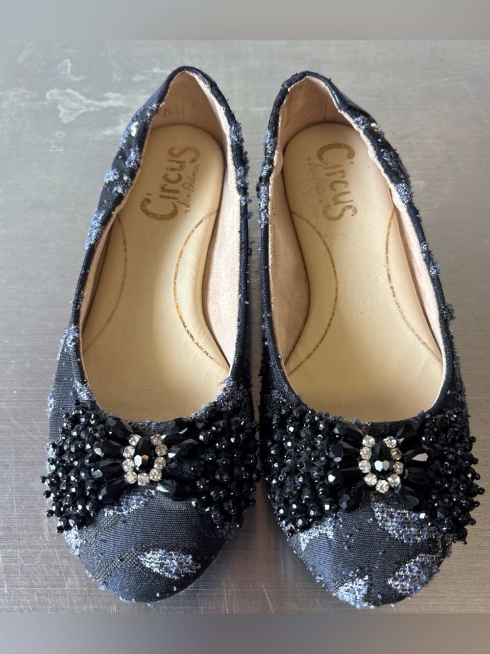Y2K Circus by Sam Edelman Black Beaded Bow Floral Ballet Flats💕
